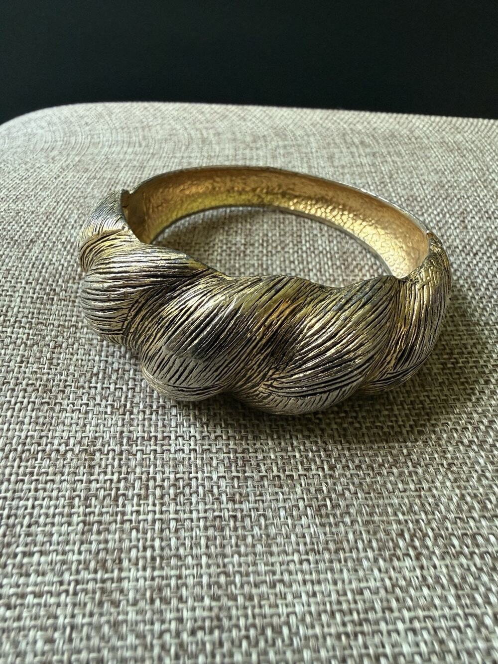 Hattie Carnegie Brushed Hinged Clamper Bracelet Gold Tone Vintage Cuff Bangle